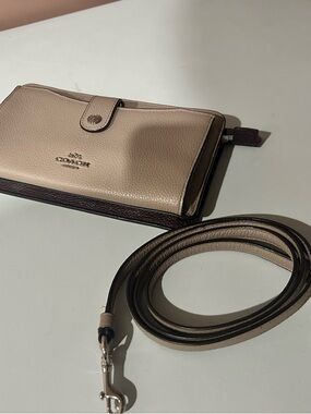 Coach Beige and Dark Brown Leather Crossbody Wallet with Strap